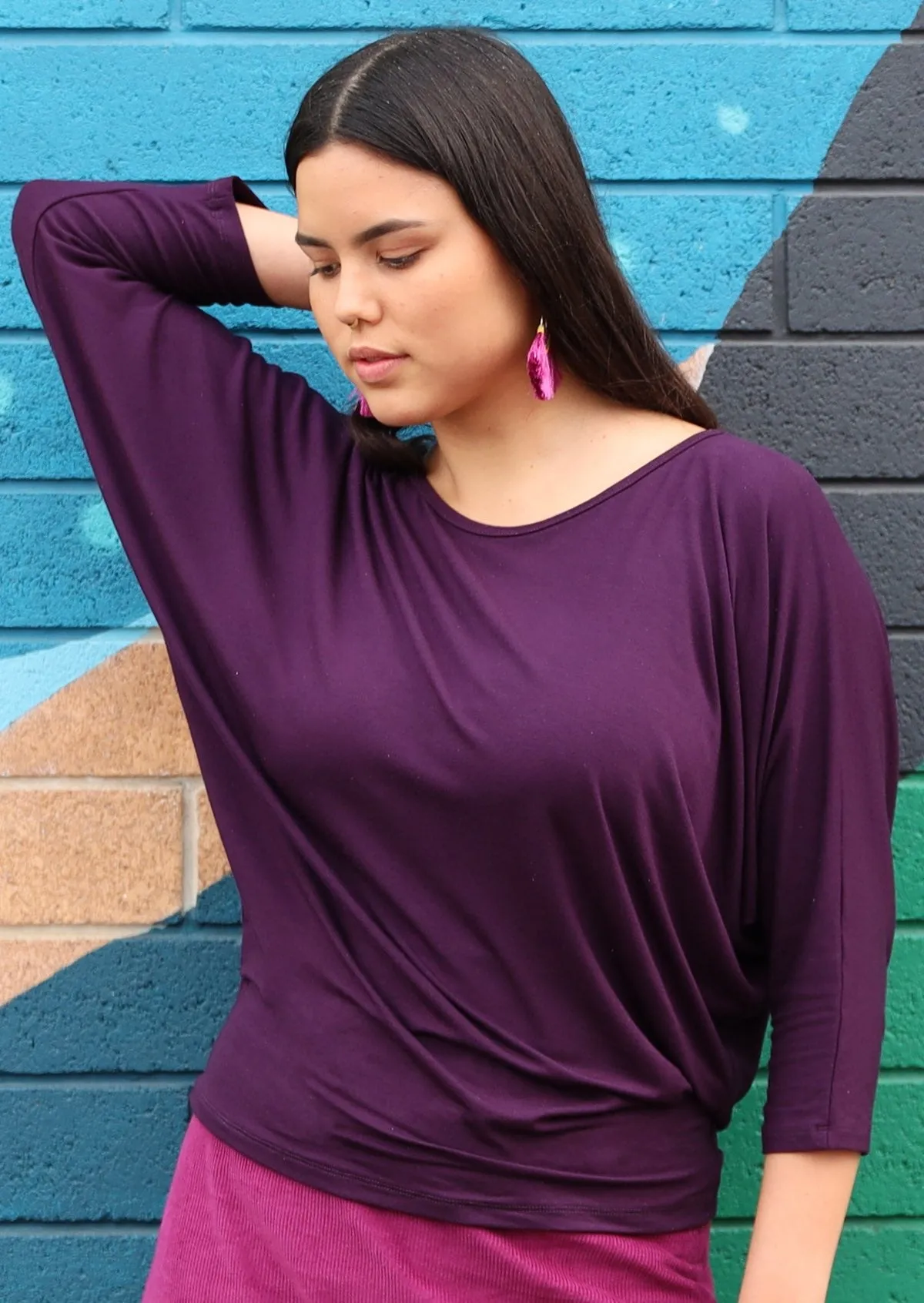 3/4 Sleeve Batwing Top Dark Purple