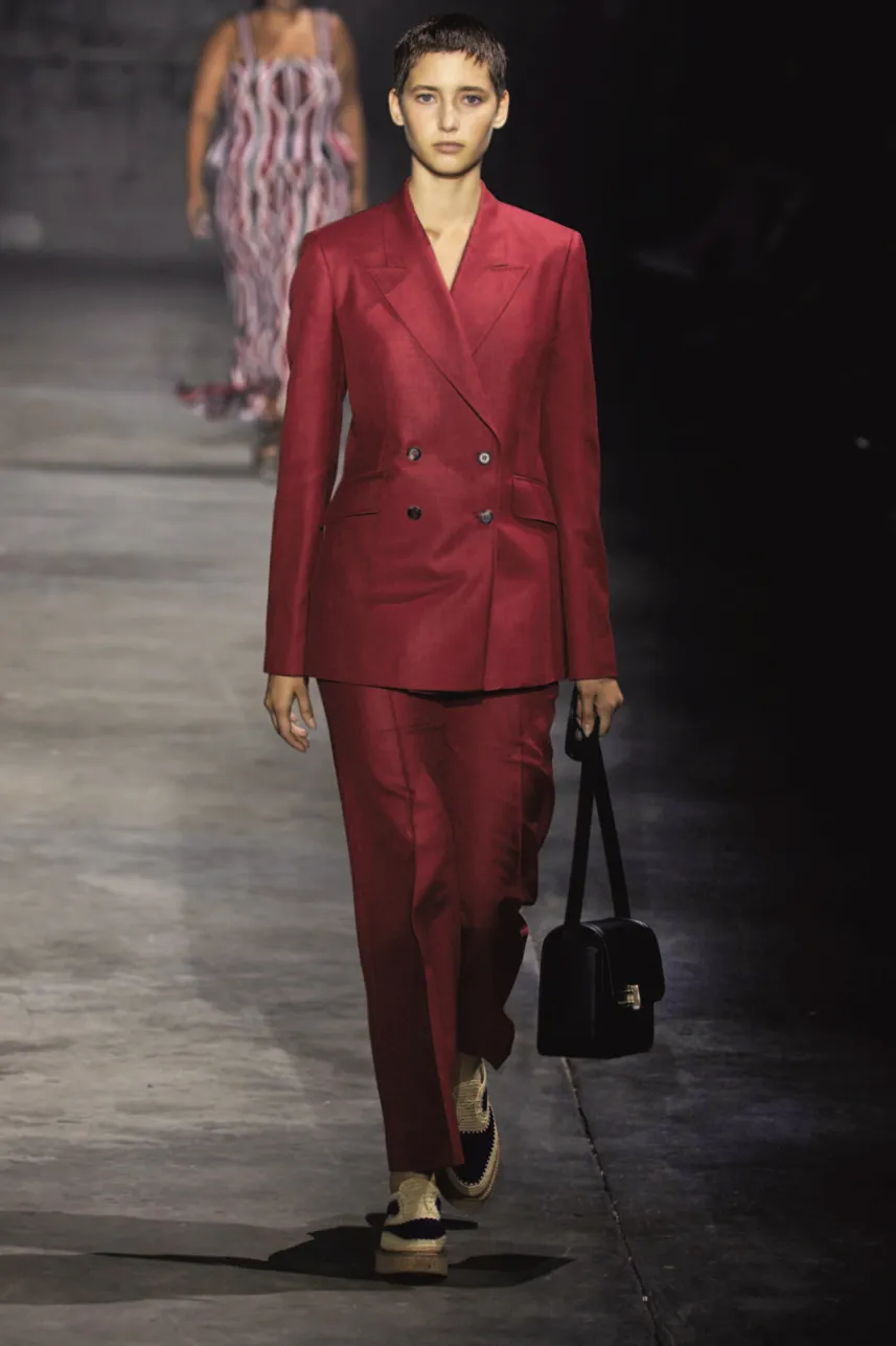 Angela Blazer in Red Wool and Silk Linen