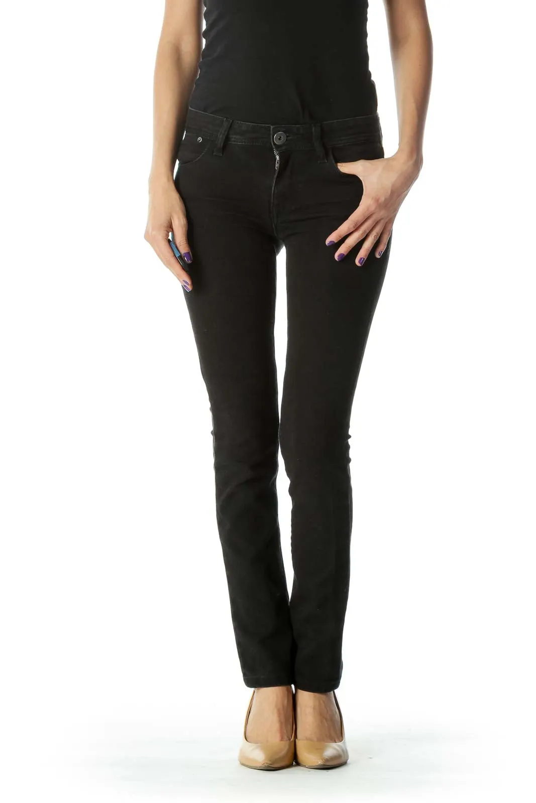 Black Stretchy High- Waist Straight Leg Jeans