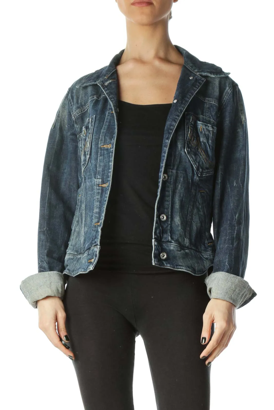 Blue Medium Wash Pocketed Denim Jacket