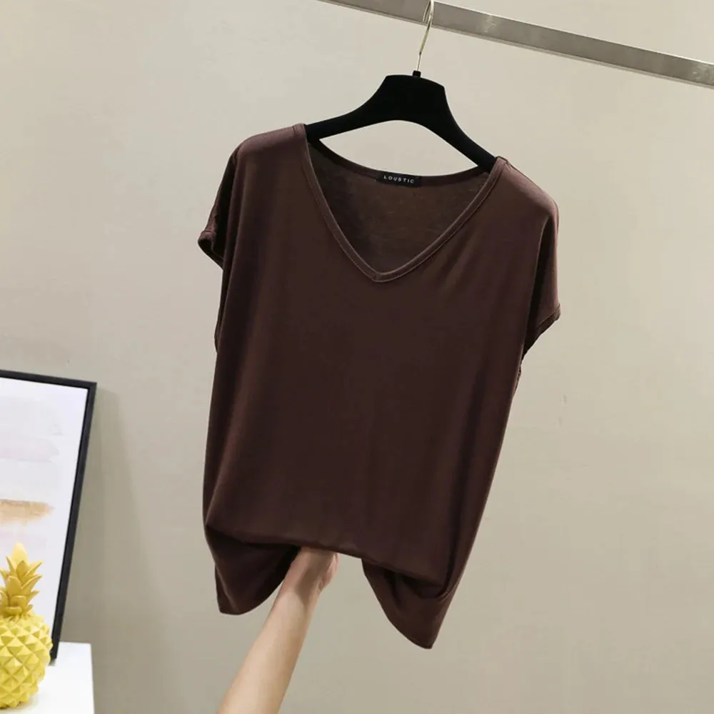 Bonnyshow  Modal Cotton T-shirts Women Solid Loose V-Neck Short Sleeve Tees Fashion Casual Slim Women Top Home Clothes Undershirt Pullover