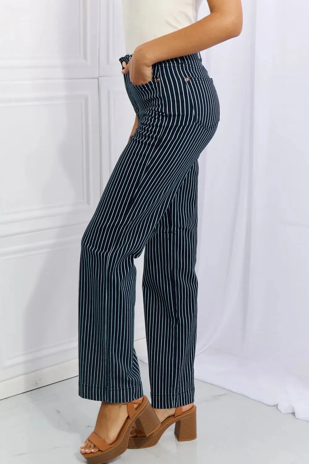 Cassidy Full Size High Waisted Tummy Control Striped Straight Jeans