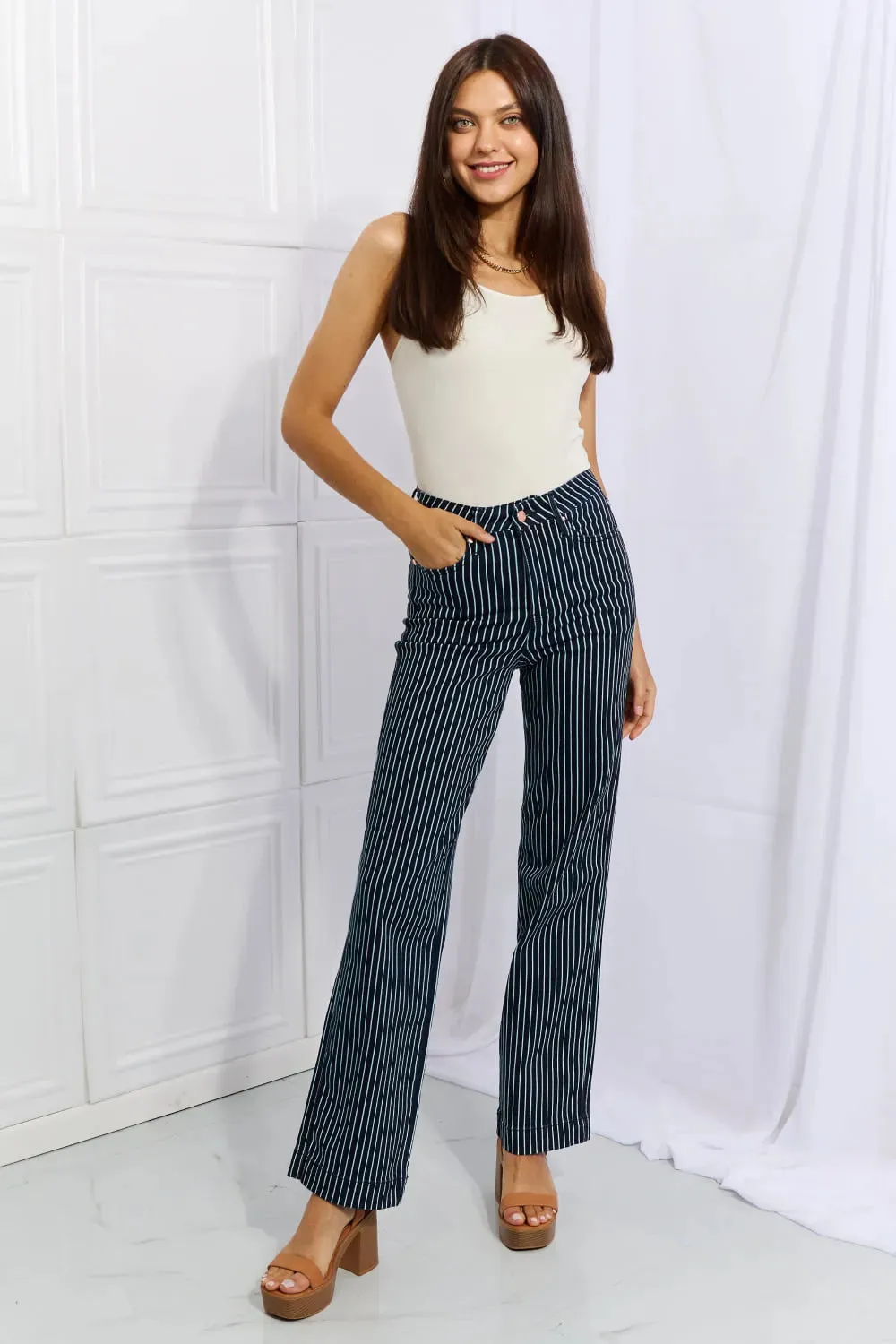 Cassidy Full Size High Waisted Tummy Control Striped Straight Jeans