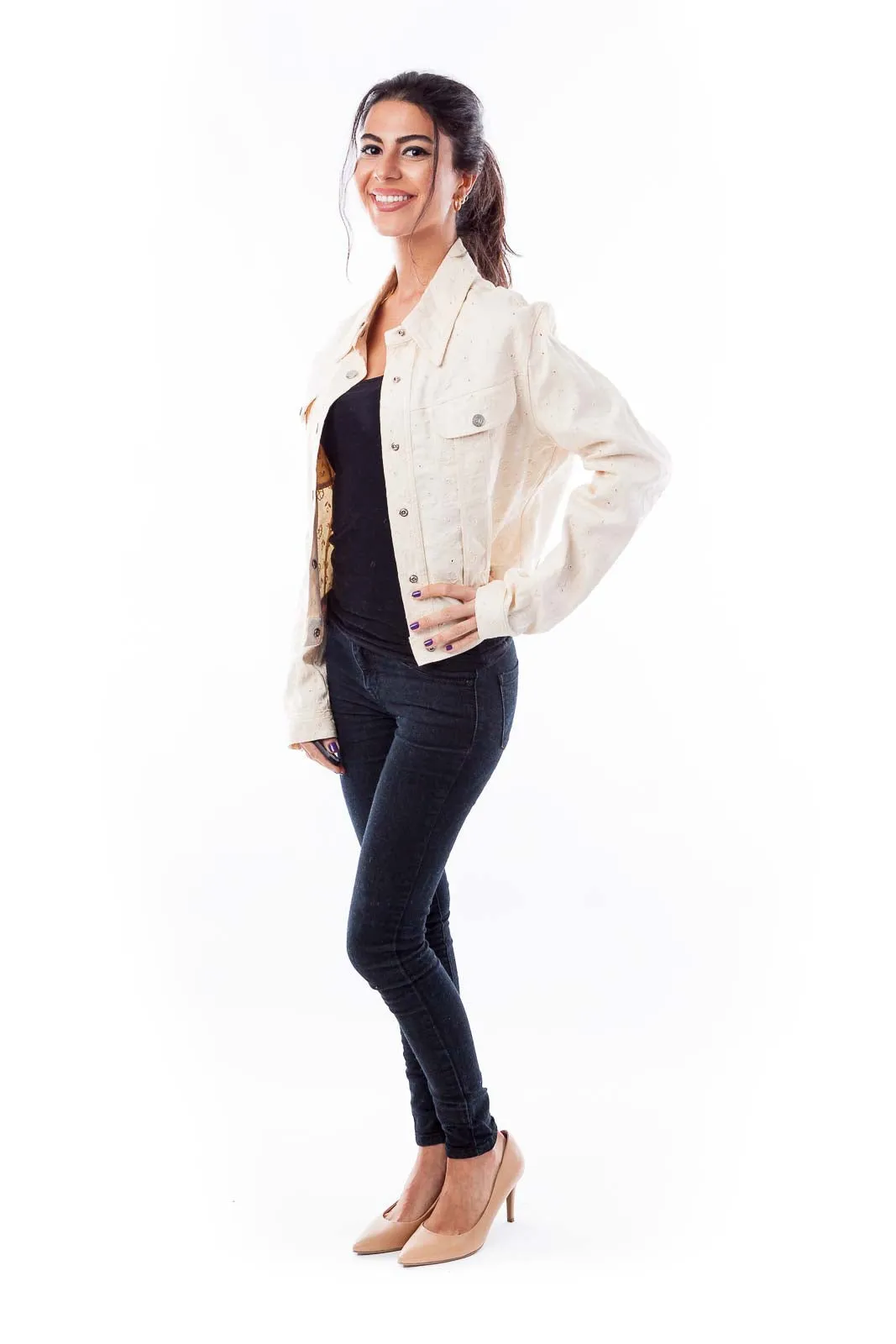 Cream Denim Embroidered Jacket