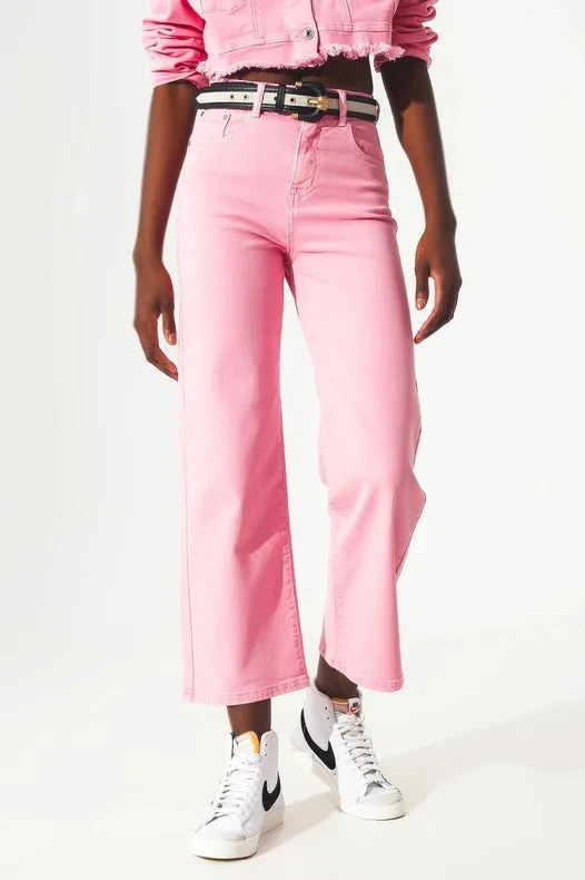 Cropped Wide Leg Jeans In Pink