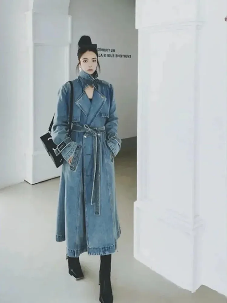 DERMEARNE Autumn And Spring Denim Long Coat Woman Luxury Women's Coats Women's Coats Jackets Trench Coat Female Traf Women's Trench Coat