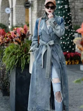 DERMEARNE Autumn And Spring Denim Long Coat Woman Luxury Women's Coats Women's Coats Jackets Trench Coat Female Traf Women's Trench Coat