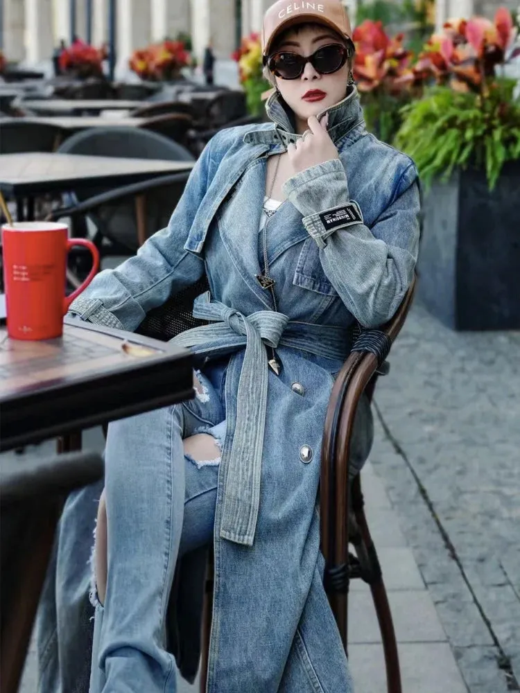 DERMEARNE Autumn And Spring Denim Long Coat Woman Luxury Women's Coats Women's Coats Jackets Trench Coat Female Traf Women's Trench Coat