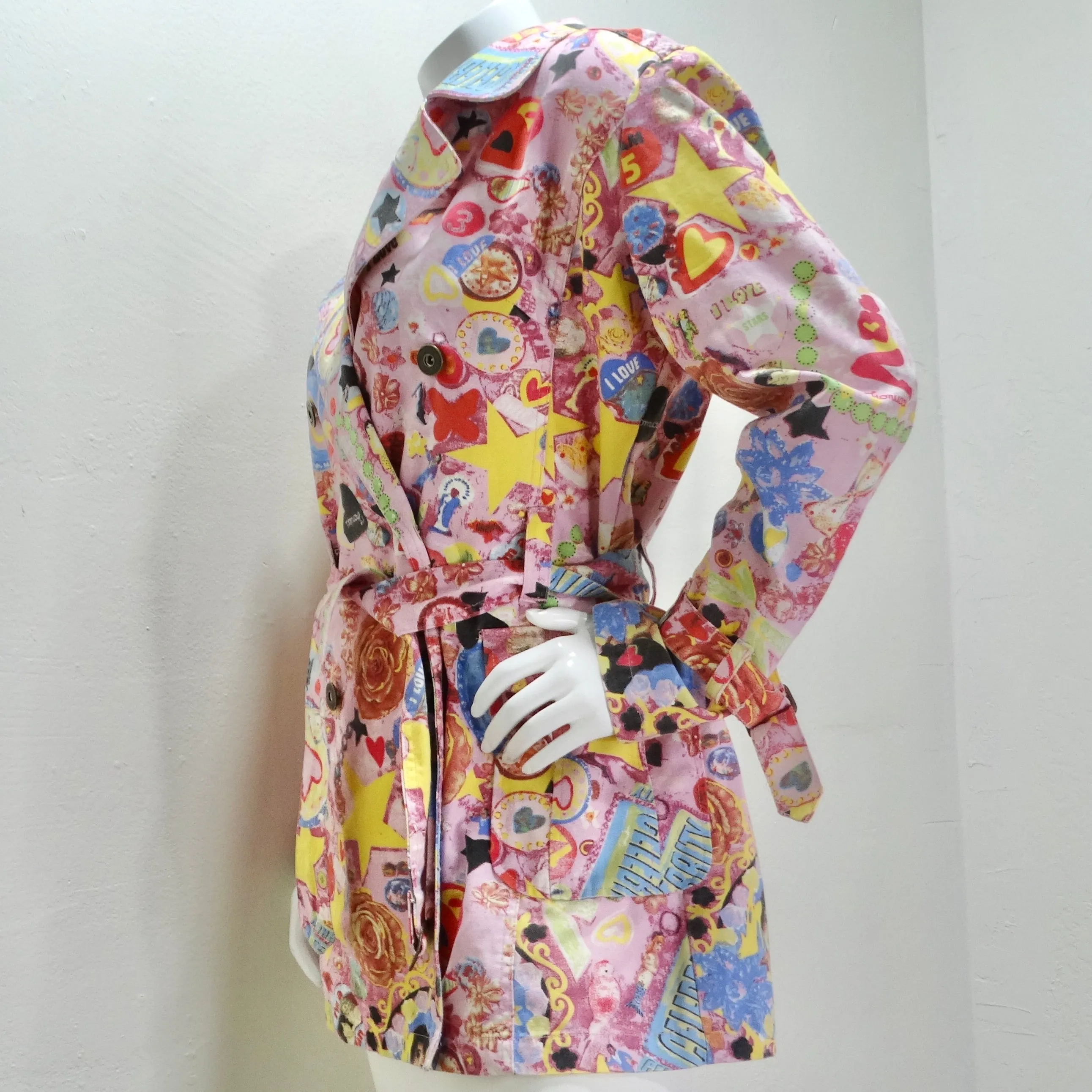 Fiorucci Y2K Multicolor Graphic Printed Trench Coat