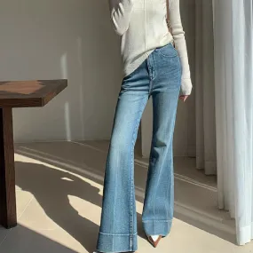 French Retro Style High Waist Bootcut Jeans for Women – Washed Denim Trousers