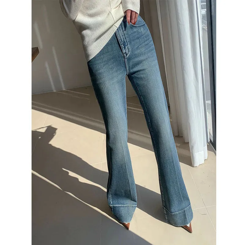 French Retro Style High Waist Bootcut Jeans for Women – Washed Denim Trousers