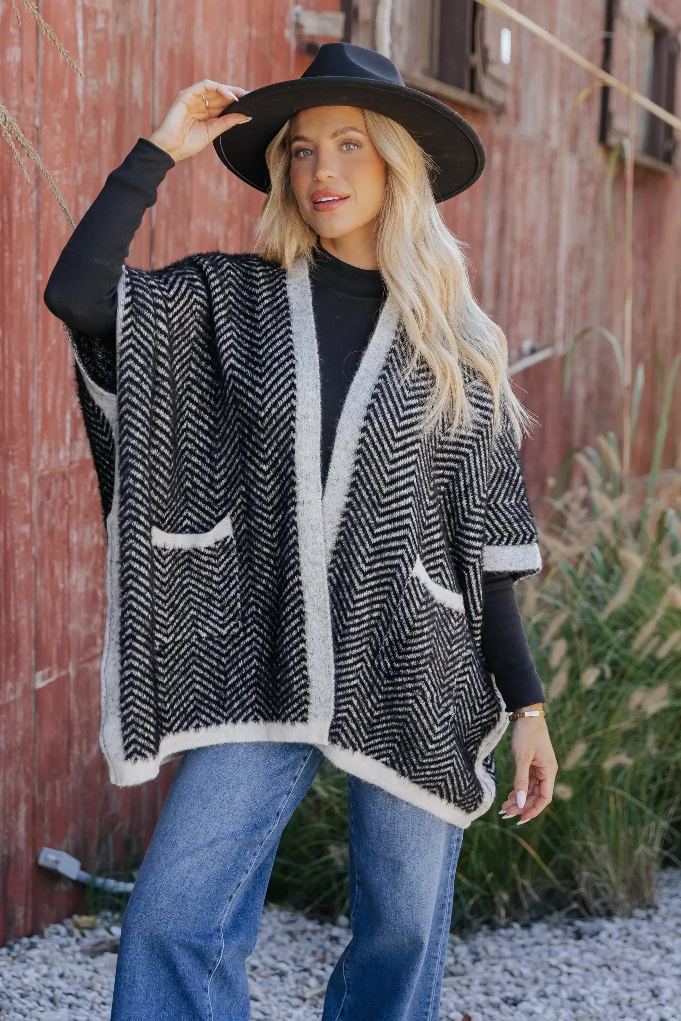 Fuzzy Black Herringbone Kimono - FINAL SALE