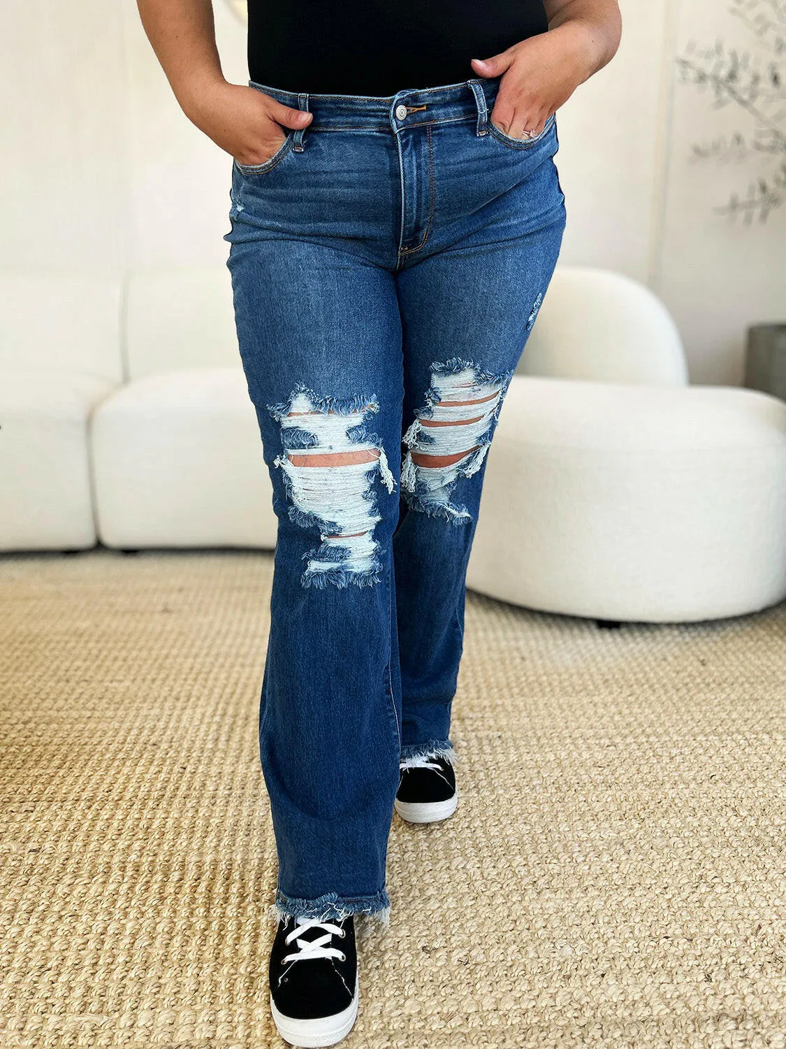 Judy Blue Full Size Mid Rise Distressed Raw Hem Dad Jeans