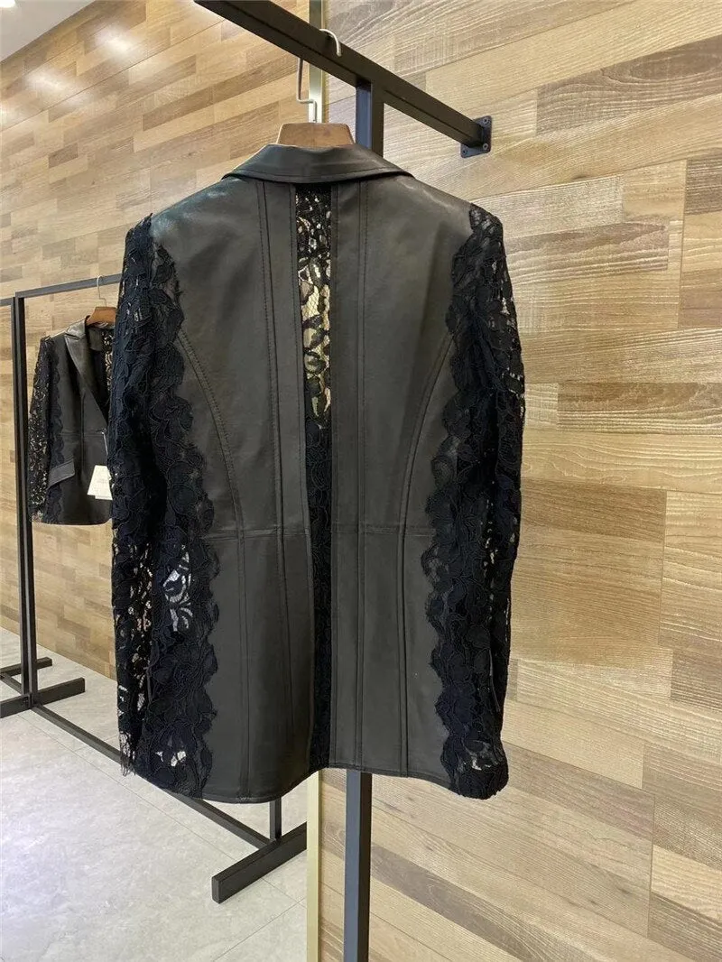 Lace Patchwork Long Sleeve V-neck Short  Genuine Leather  jacket