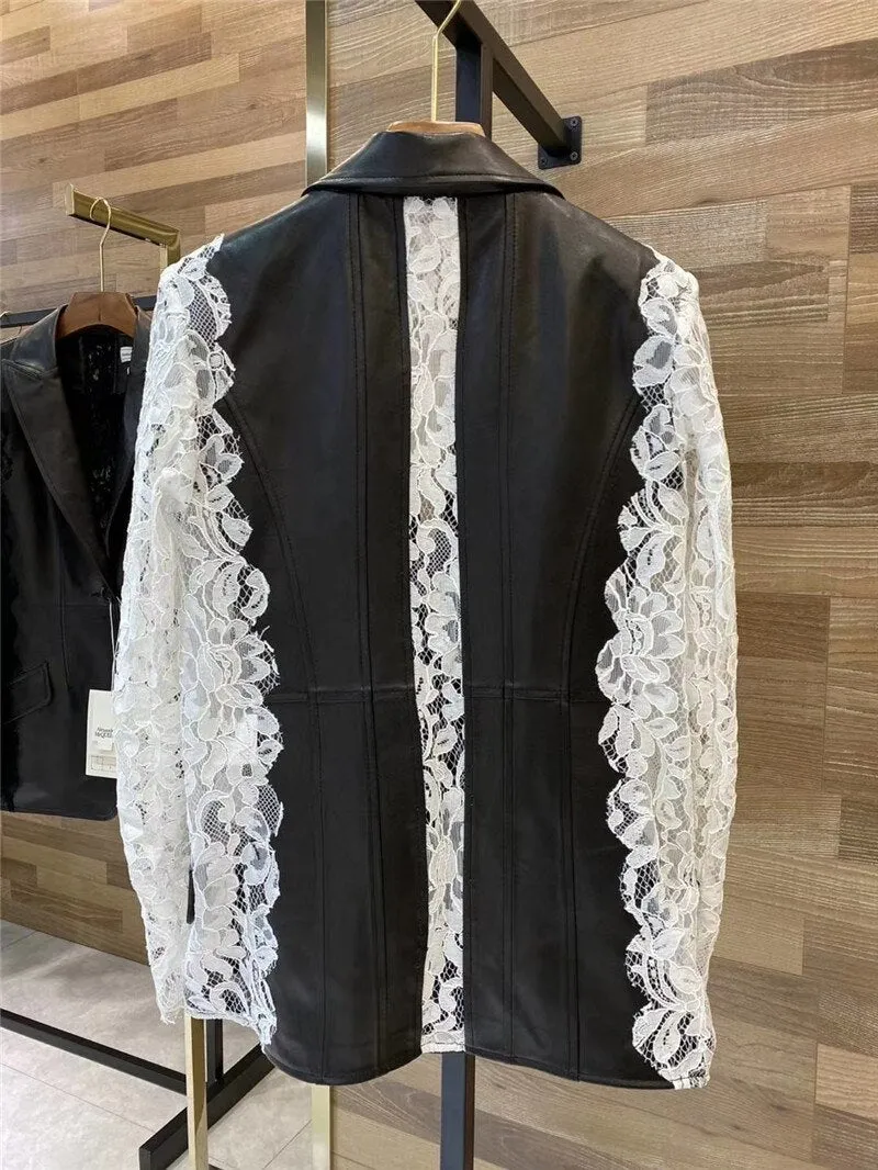 Lace Patchwork Long Sleeve V-neck Short  Genuine Leather  jacket