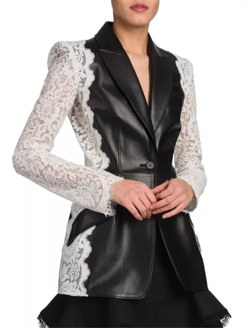 Lace Patchwork Long Sleeve V-neck Short  Genuine Leather  jacket