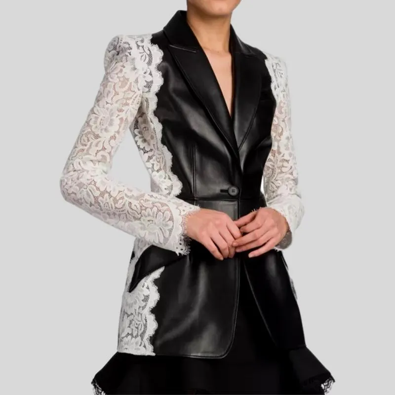 Lace Patchwork Long Sleeve V-neck Short  Genuine Leather  jacket