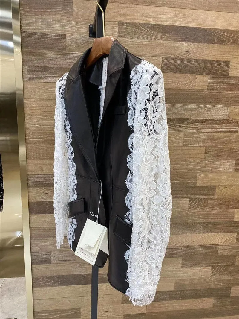 Lace Patchwork Long Sleeve V-neck Short  Genuine Leather  jacket