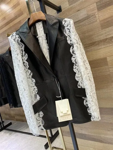 Lace Patchwork Long Sleeve V-neck Short  Genuine Leather  jacket