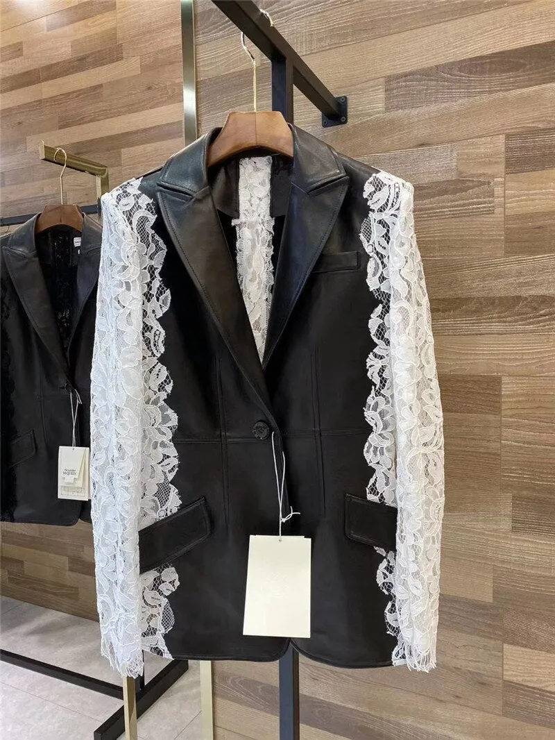 Lace Patchwork Long Sleeve V-neck Short  Genuine Leather  jacket