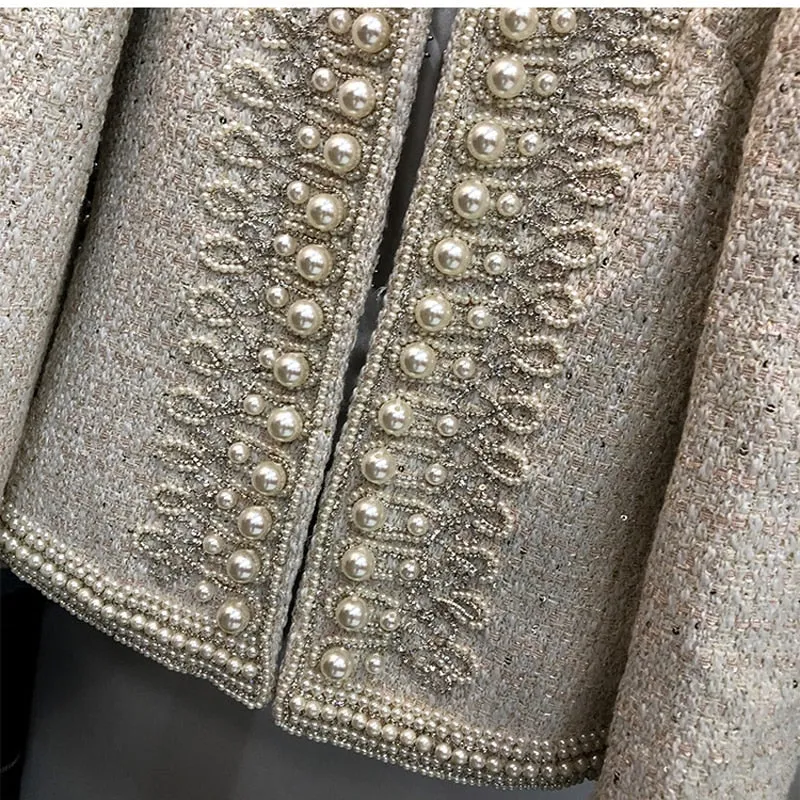 Luxury Beads Tweed Coat Long Sleeve Elegant Blazer