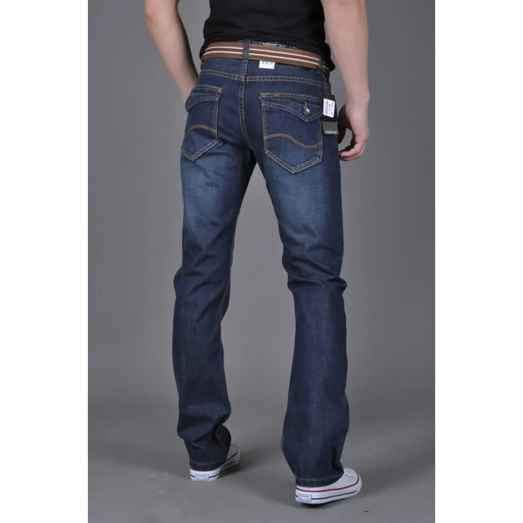 Men Flap Pocket Zipper Fly Straight Leg Washed Jeans