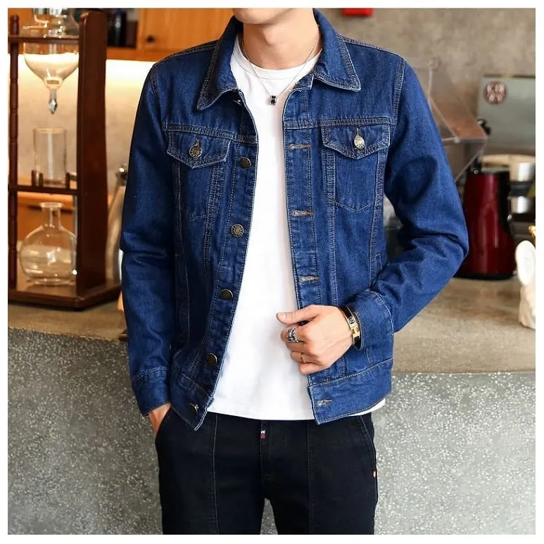 Men Lapel Collar Flap Pocket Buttoned Denim Jacket