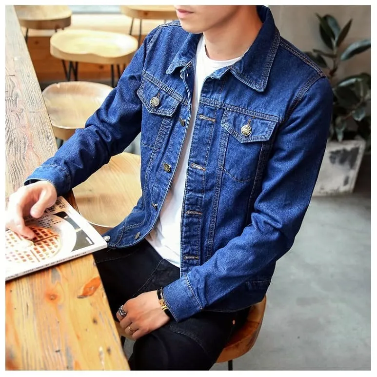 Men Lapel Collar Flap Pocket Buttoned Denim Jacket