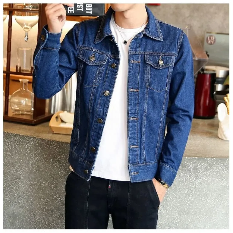 Men Lapel Collar Flap Pocket Buttoned Denim Jacket