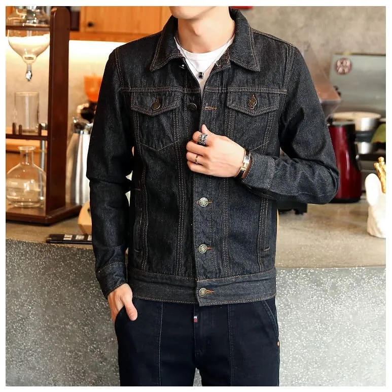 Men Lapel Collar Flap Pocket Buttoned Denim Jacket