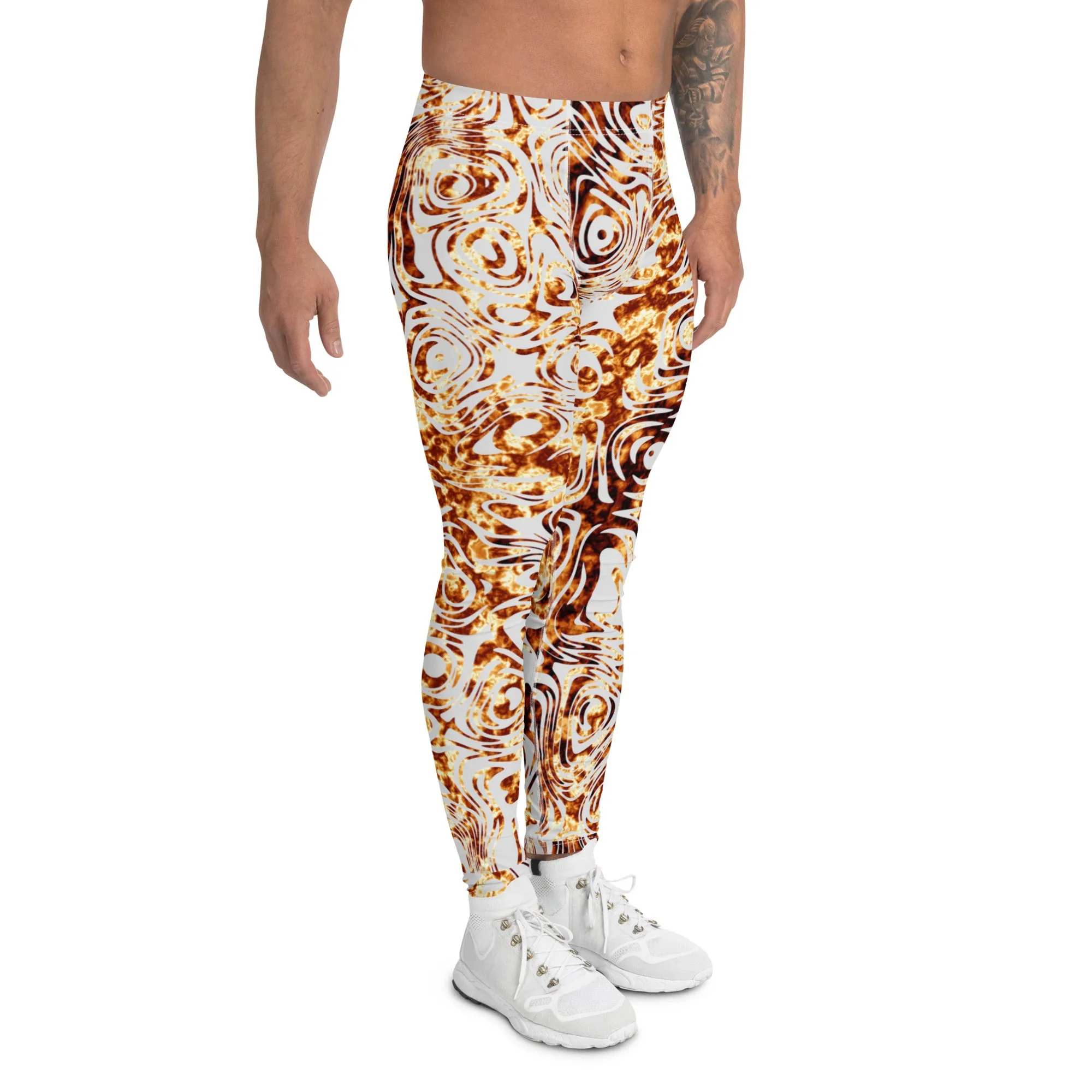 Men's Leggings, Fire, Hunk of Burning Love, Orange, Silver, White, Workout Pants for Men