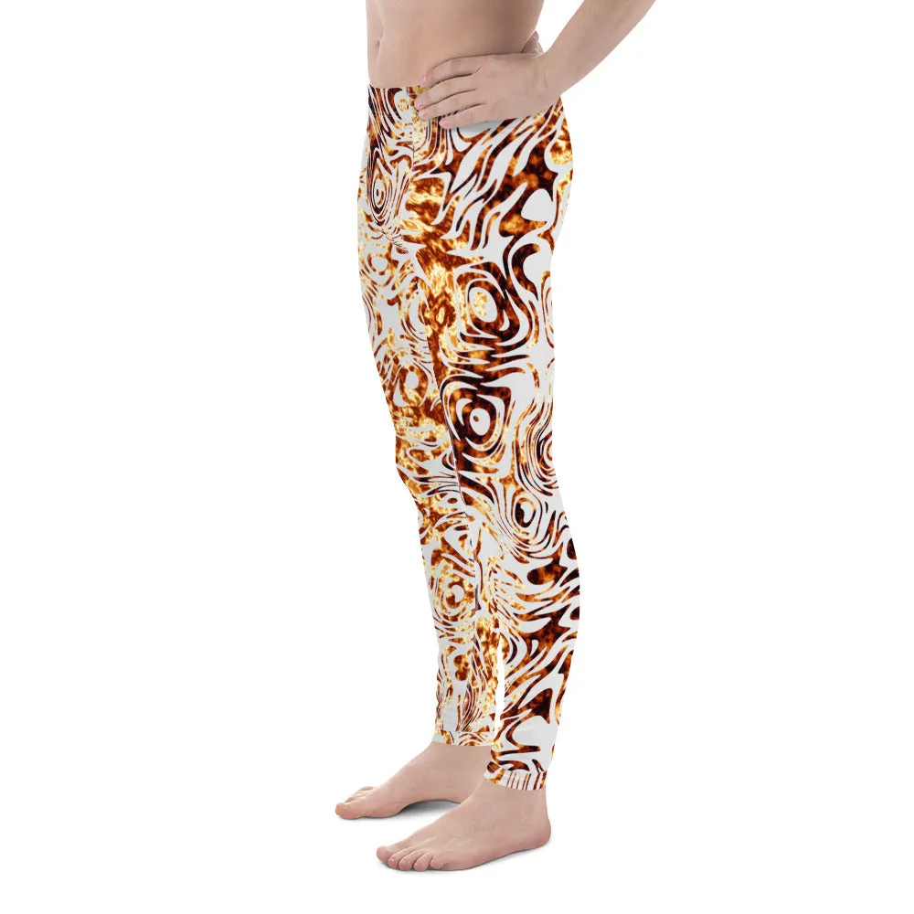 Men's Leggings, Fire, Hunk of Burning Love, Orange, Silver, White, Workout Pants for Men