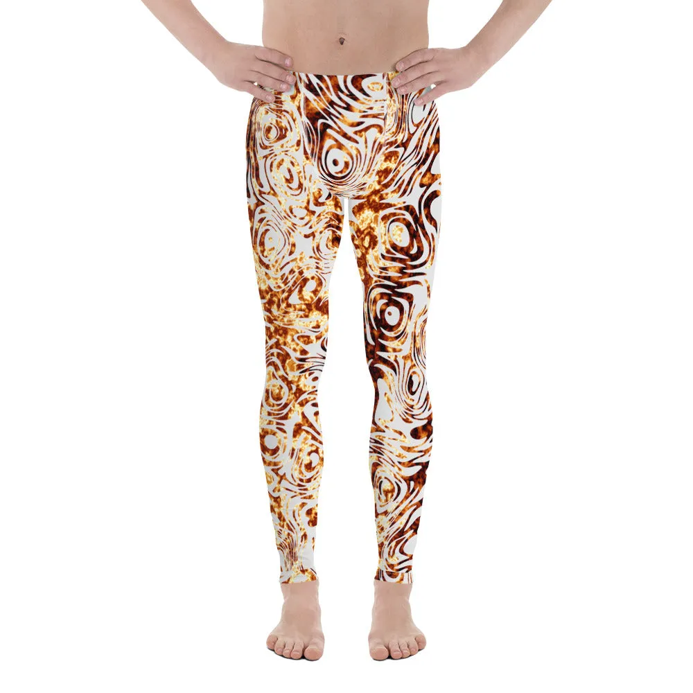 Men's Leggings, Fire, Hunk of Burning Love, Orange, Silver, White, Workout Pants for Men