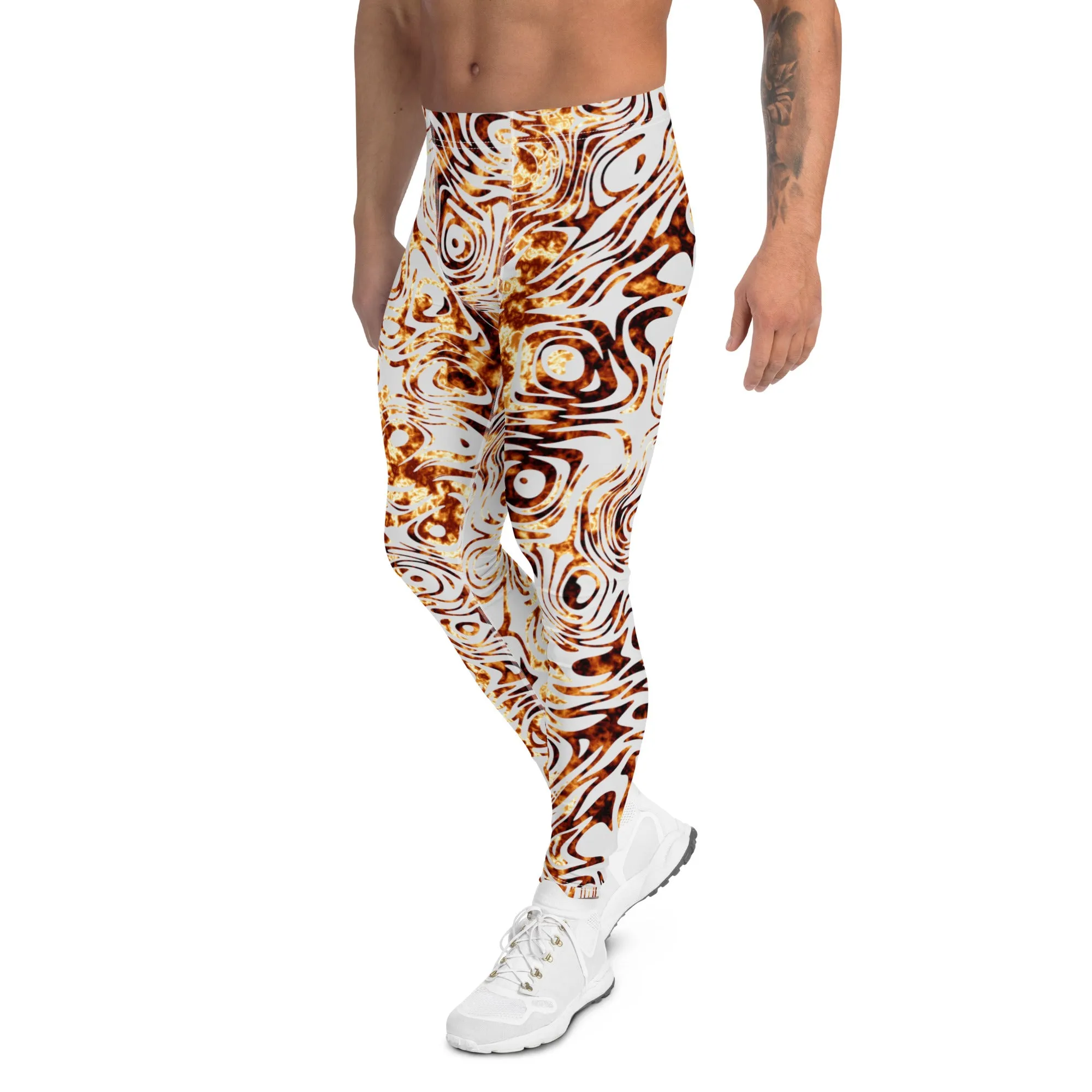 Men's Leggings, Fire, Hunk of Burning Love, Orange, Silver, White, Workout Pants for Men