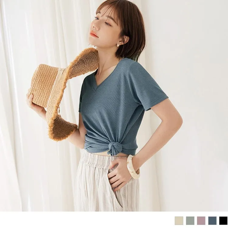 PURE COLOR V-NECK SHORT SLEEVE ELASTIC TOPS