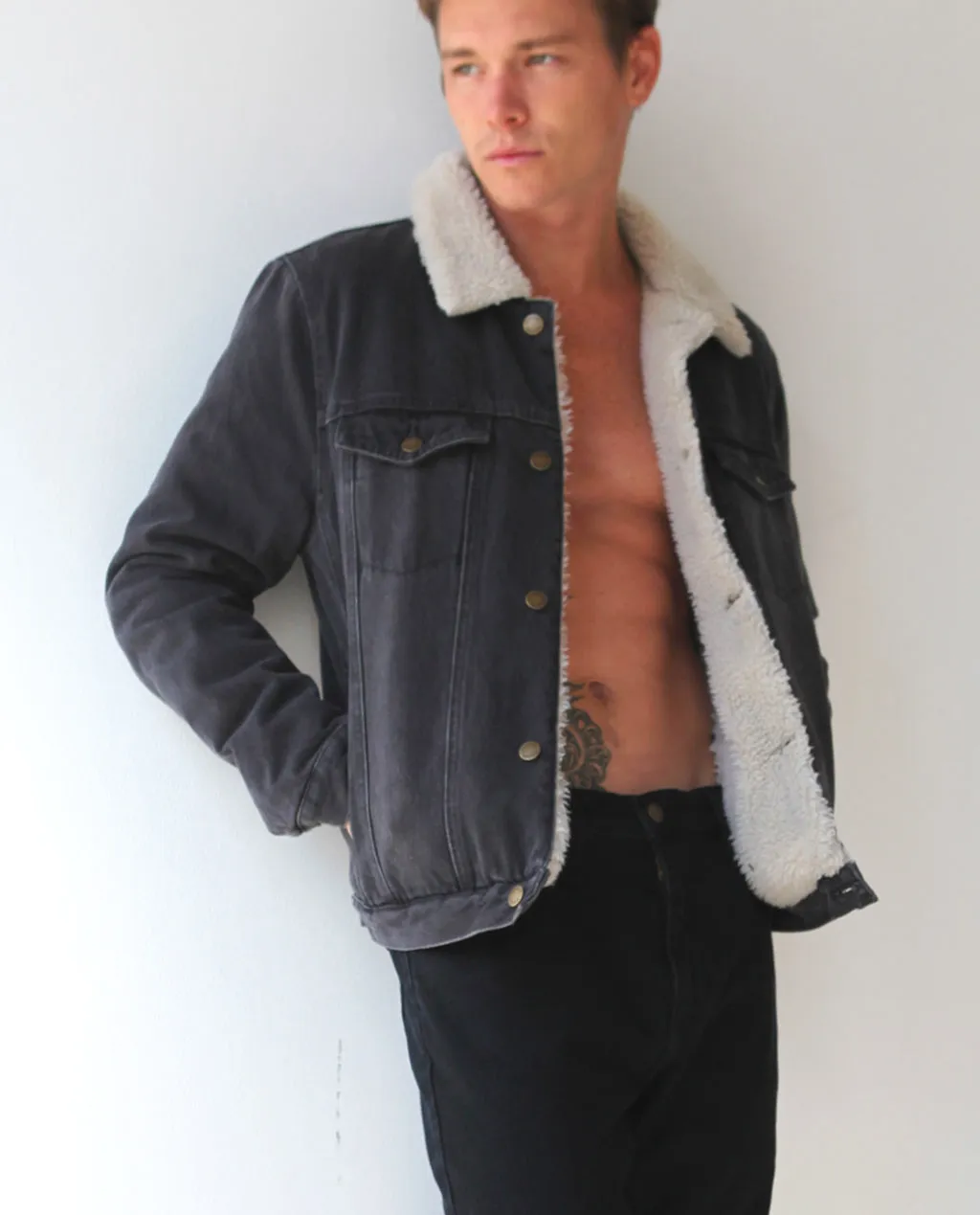 ROLLAS DENIM SHERPA JACKET STONED BLACK