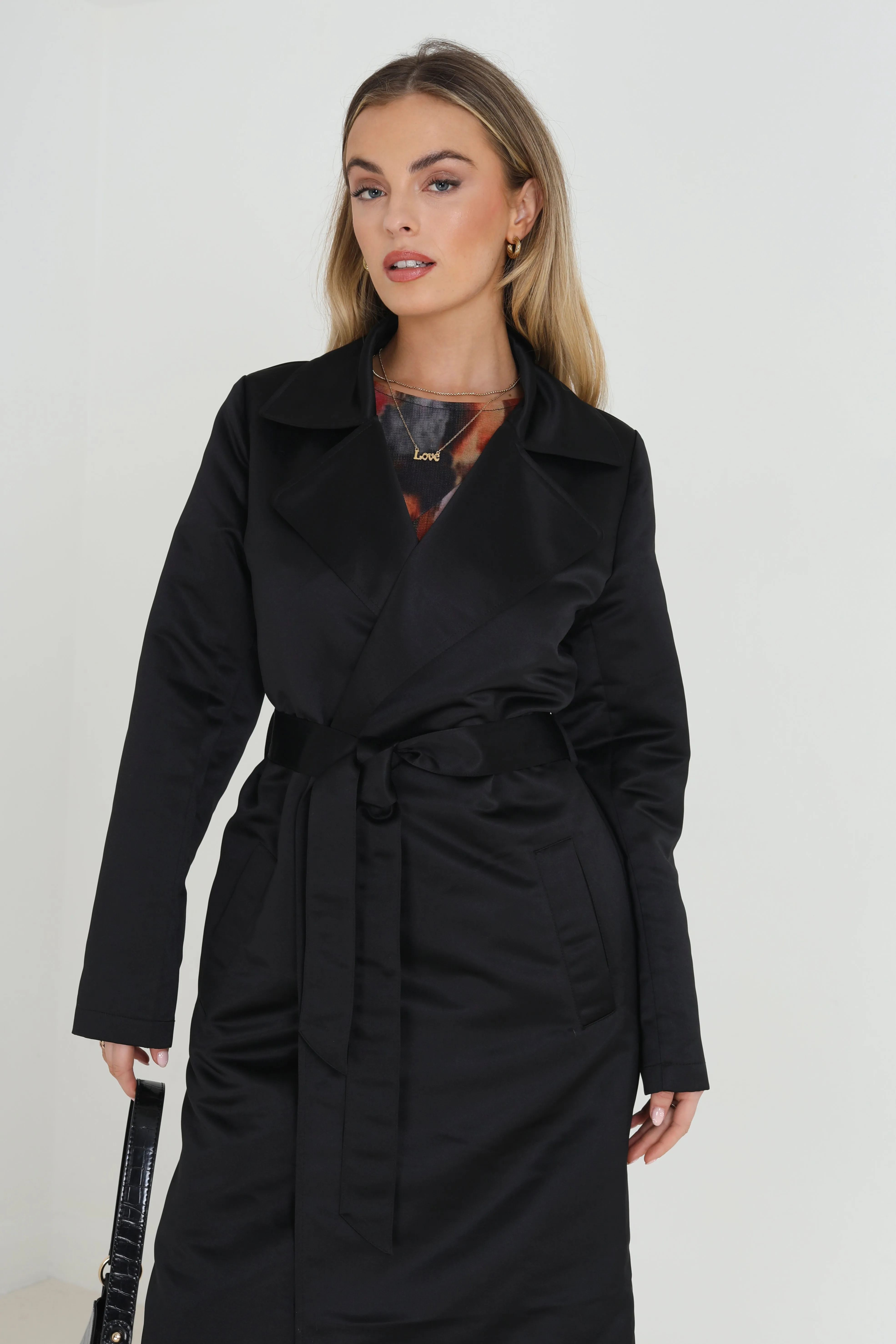 SATIN MAXI LENGTH TRENCH COAT WITH BELT