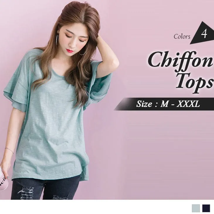 SHORT SLEEVE LAYERED SPLICE CHIFFON TOPS