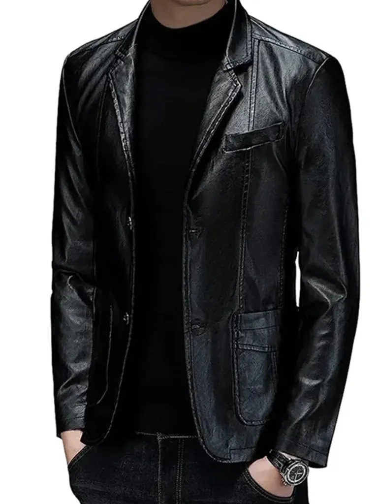 Slim-fit Two Button Black Leather Blazer