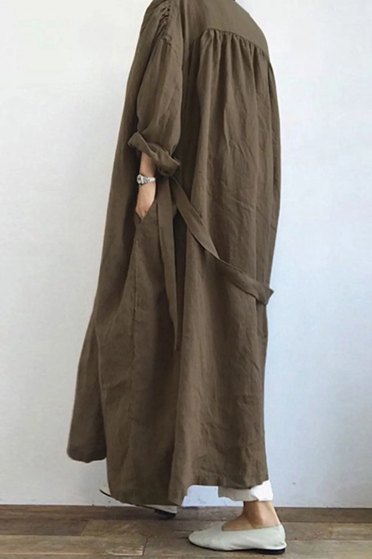 Solid Color Pocketed Long Trench Coat