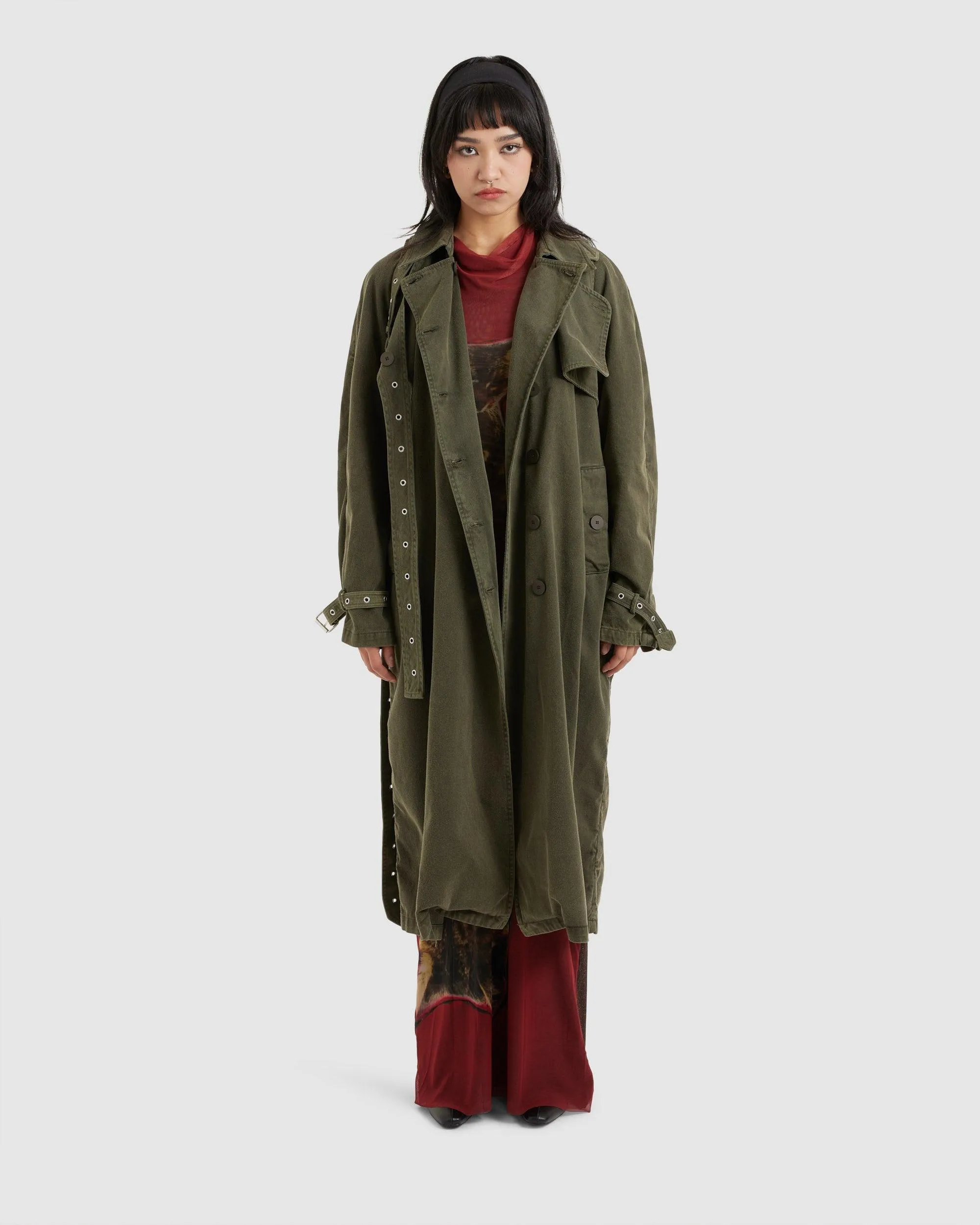 Trench Coat Green Acid Wash