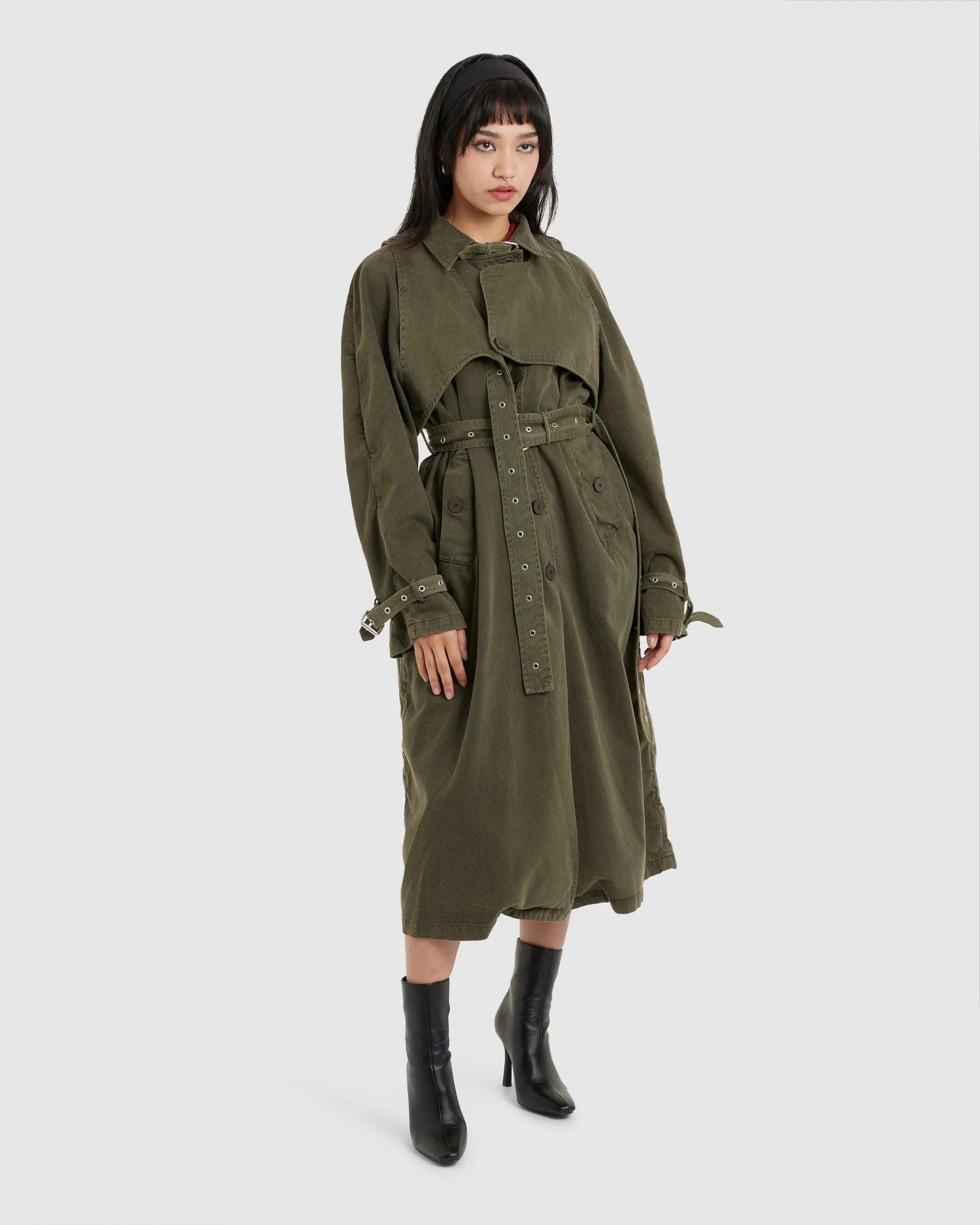 Trench Coat Green Acid Wash