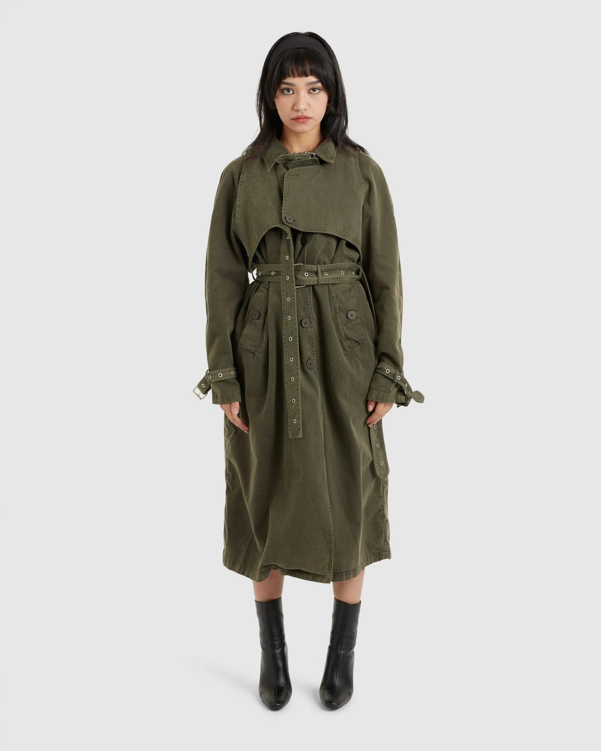 Trench Coat Green Acid Wash