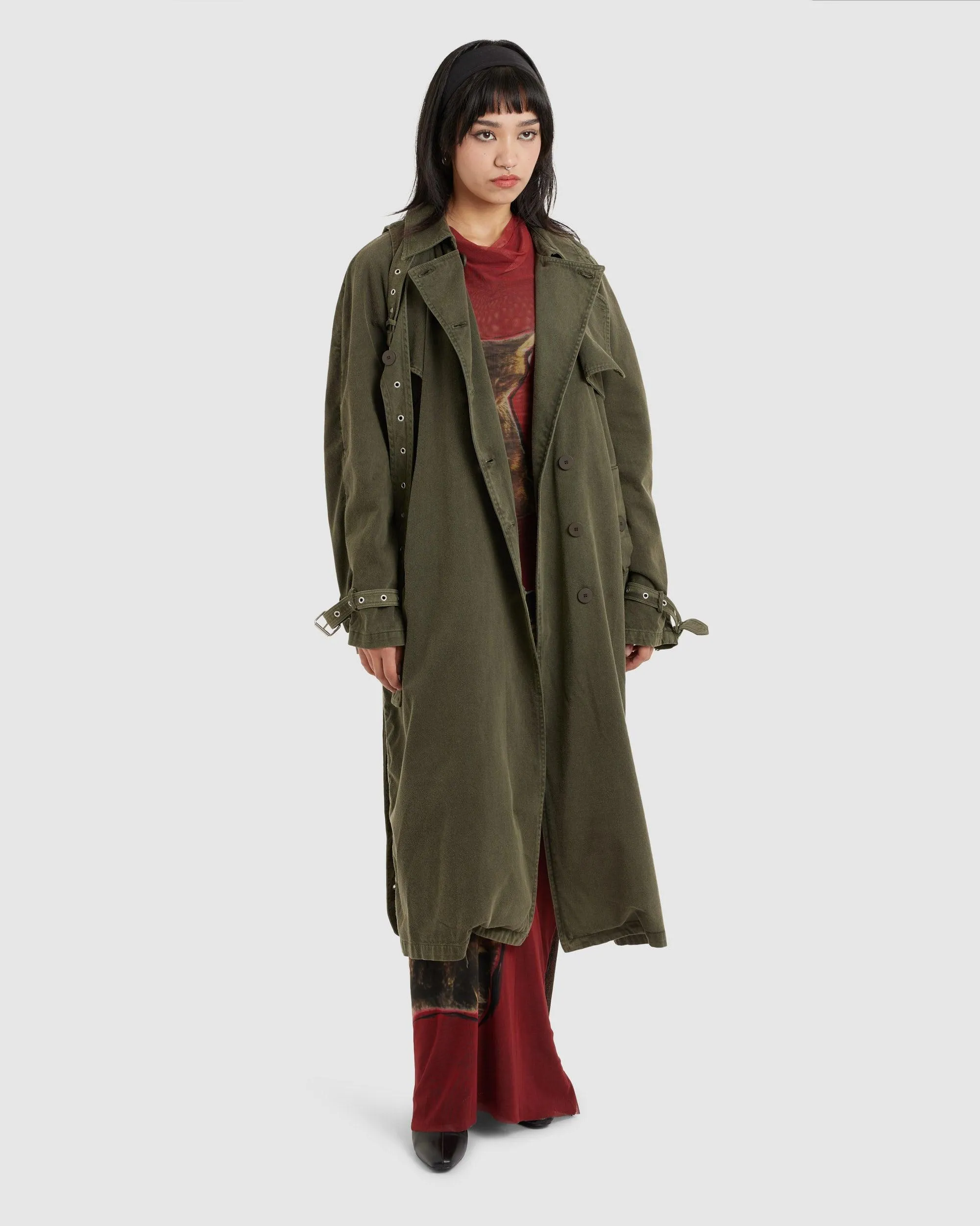 Trench Coat Green Acid Wash