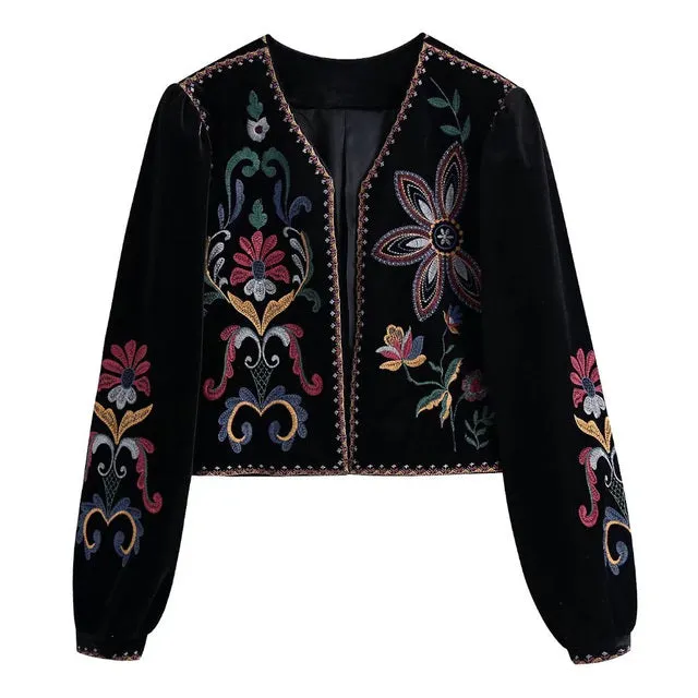 Wjczt Women Fashion Contrast Embroidery Velvet Crop Open Blazer Coat Vintage Long Sleeve Female Outerwear Chic Veste Femme