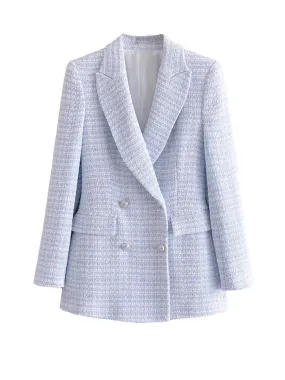 Wjczt Women Fashion Double Breasted Tweed Check Blazer Coat Vintage Long Sleeve Pockets Female Outerwear Chic Veste