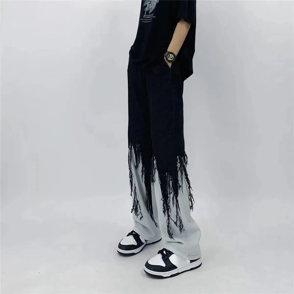 Y2K Grunge Fringed Straight Leg Jeans